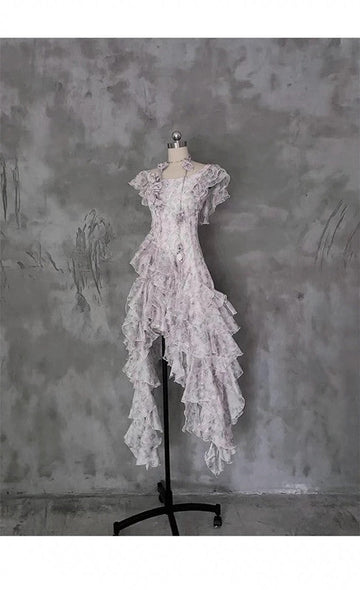 A Line Scoop Short Sleeves Floral Ruffles Prom Dresses Birthday Dress For Women SD253